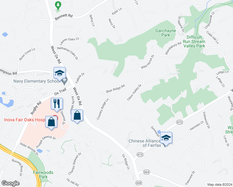 map of restaurants, bars, coffee shops, grocery stores, and more near 12309 Blair Ridge Road in Fairfax