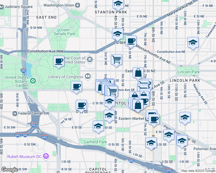 map of restaurants, bars, coffee shops, grocery stores, and more near 101 Independence Avenue Southeast in Washington