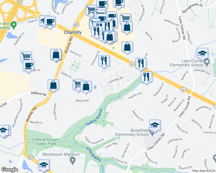 map of restaurants, bars, coffee shops, grocery stores, and more near 4101 Pleasant Meadow Court in Chantilly