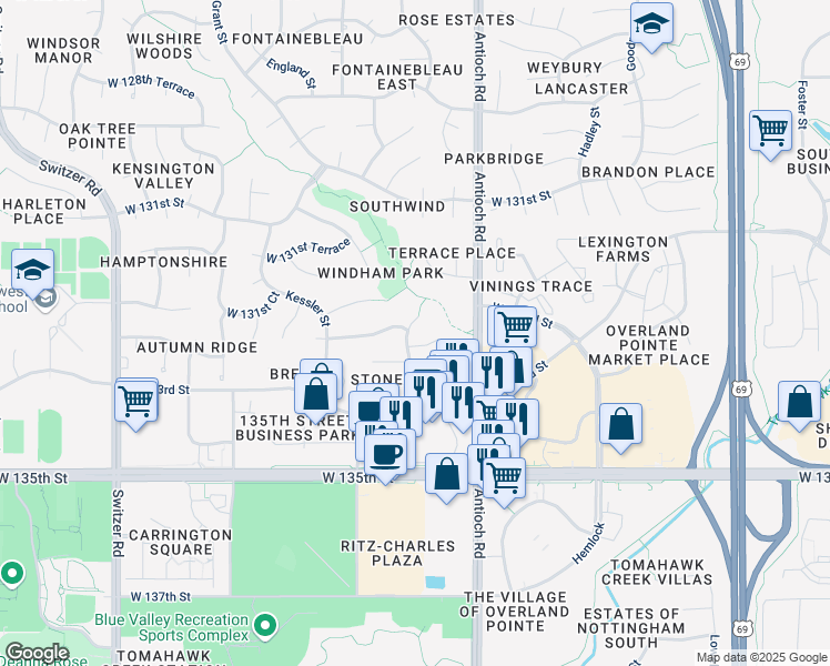 map of restaurants, bars, coffee shops, grocery stores, and more near 13209 Benson Street in Overland Park