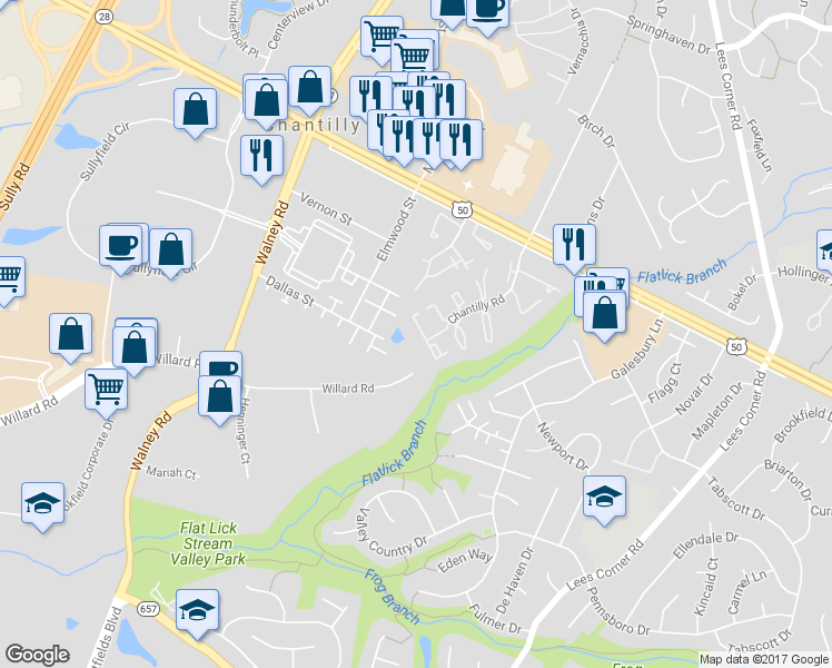 map of restaurants, bars, coffee shops, grocery stores, and more near 4180 Pleasant Meadow Court in Chantilly