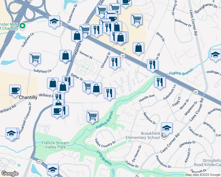 map of restaurants, bars, coffee shops, grocery stores, and more near 4180 Pleasant Meadow Court in Chantilly
