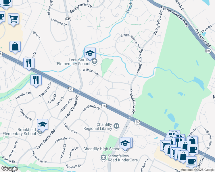 map of restaurants, bars, coffee shops, grocery stores, and more near 13331 Jasper Court in Fairfax