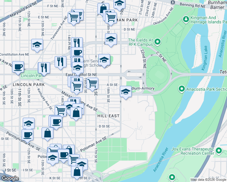 map of restaurants, bars, coffee shops, grocery stores, and more near 101 Independence Avenue Southeast in Washington