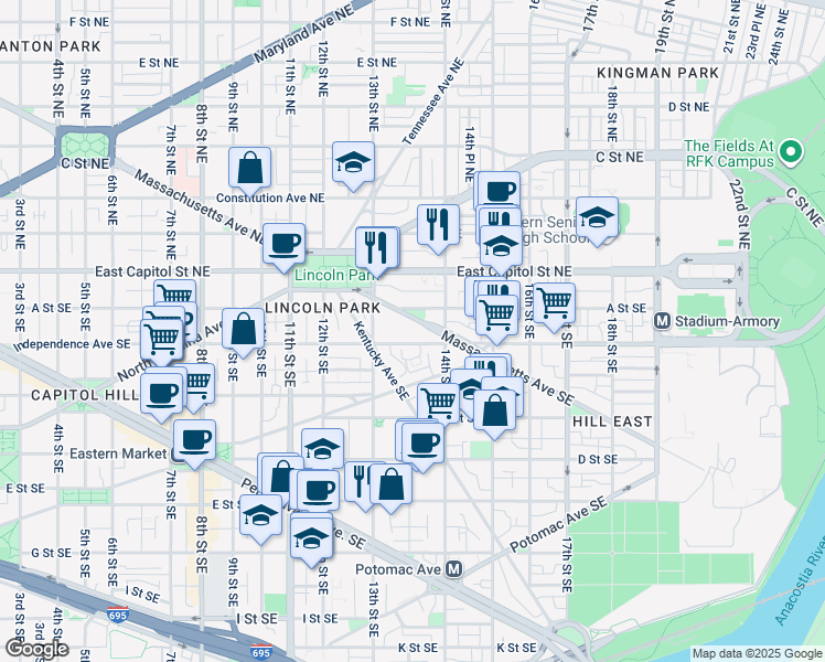 map of restaurants, bars, coffee shops, grocery stores, and more near 101 Independence Avenue Southeast in Washington