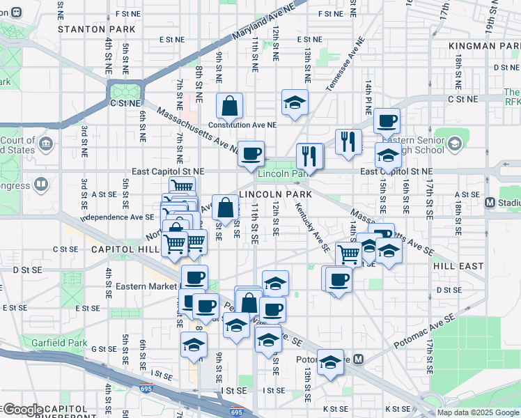 map of restaurants, bars, coffee shops, grocery stores, and more near 101 Independence Avenue Southeast in Washington
