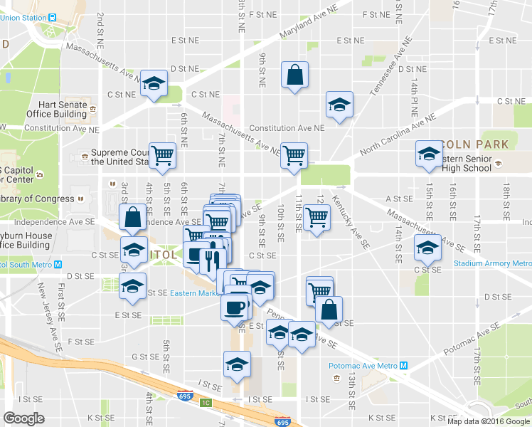 map of restaurants, bars, coffee shops, grocery stores, and more near 101 Independence Avenue Southeast in Washington