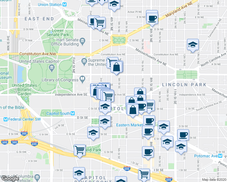 map of restaurants, bars, coffee shops, grocery stores, and more near 101 Independence Avenue Southeast in Washington