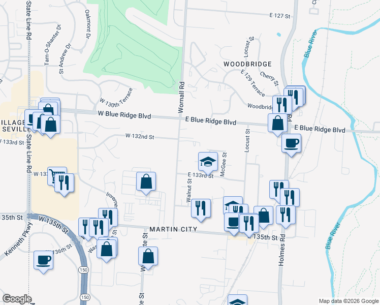 map of restaurants, bars, coffee shops, grocery stores, and more near 13201 Wornall Road in Kansas City