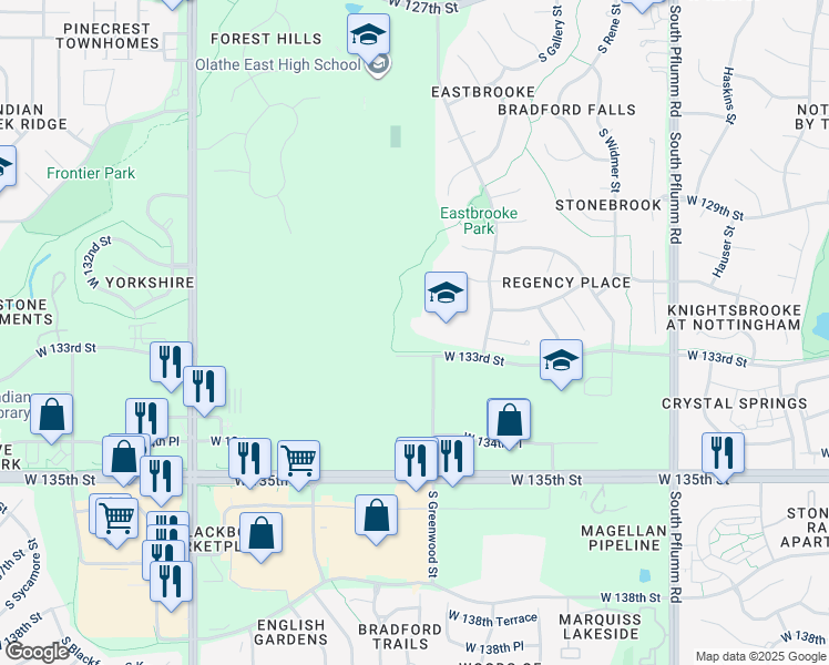 map of restaurants, bars, coffee shops, grocery stores, and more near in Olathe