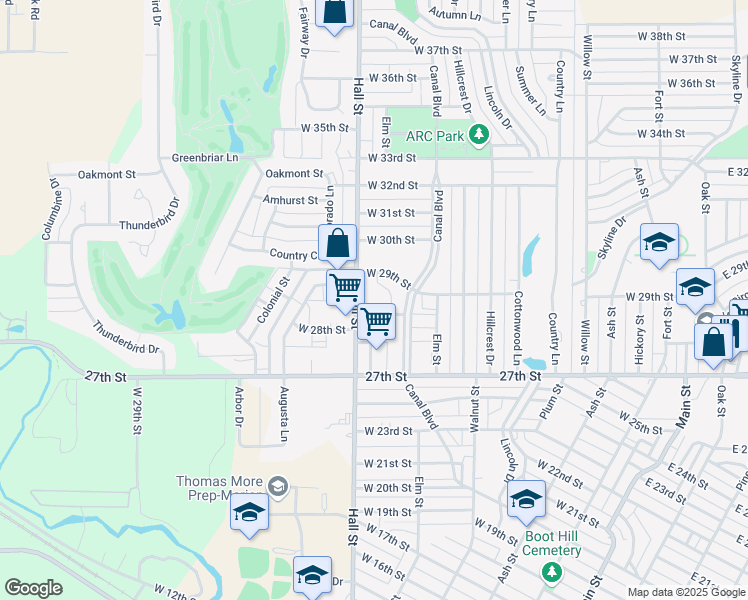 map of restaurants, bars, coffee shops, grocery stores, and more near 2722 Hall Street in Hays