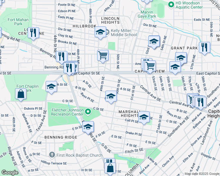 map of restaurants, bars, coffee shops, grocery stores, and more near 4923 1/2 A Street Southeast in Washington