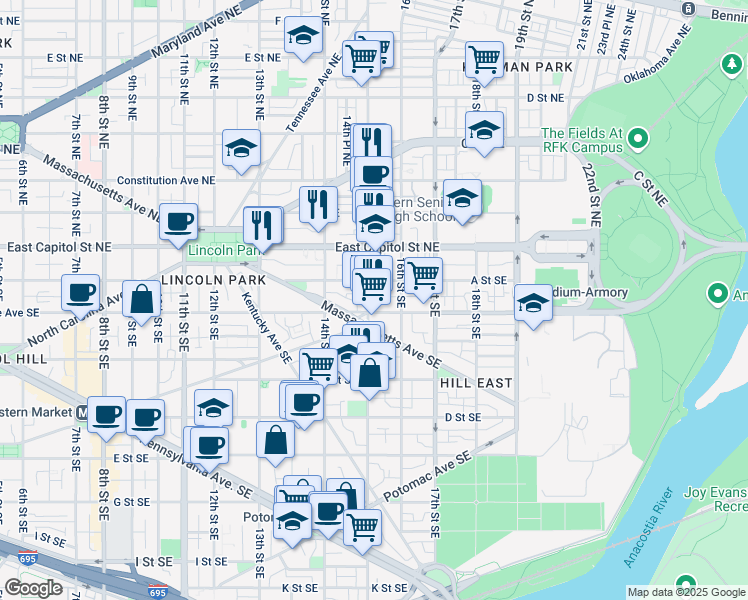 map of restaurants, bars, coffee shops, grocery stores, and more near 101 Independence Avenue Southeast in Washington
