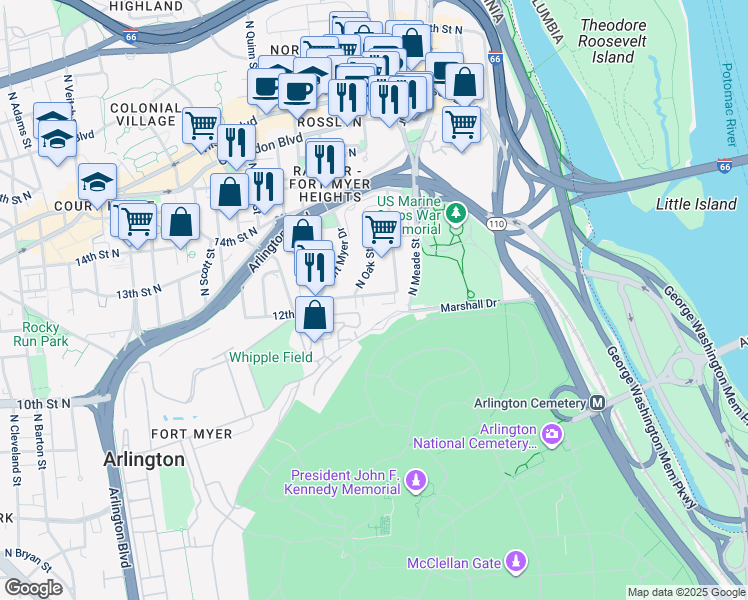 map of restaurants, bars, coffee shops, grocery stores, and more near 1408 12th Street North in Arlington