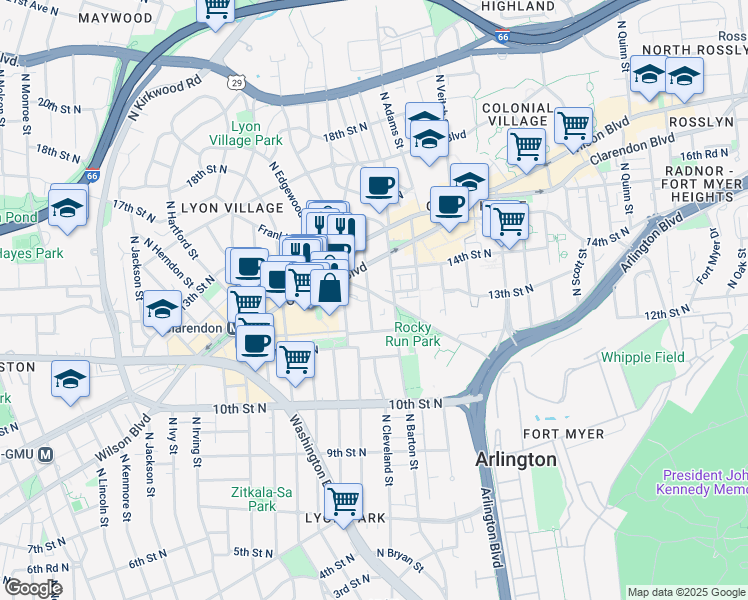 map of restaurants, bars, coffee shops, grocery stores, and more near 2504 Fairfax Drive in Arlington