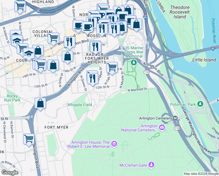map of restaurants, bars, coffee shops, grocery stores, and more near 1408 12th Street North in Arlington
