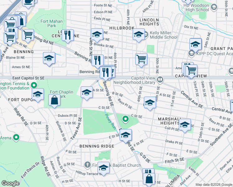 map of restaurants, bars, coffee shops, grocery stores, and more near 4511 Bass Place Southeast in Washington