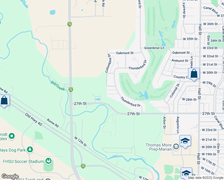 map of restaurants, bars, coffee shops, grocery stores, and more near West 28th Street in Hays