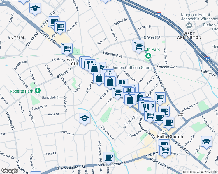 map of restaurants, bars, coffee shops, grocery stores, and more near West Broad Street in Falls Church