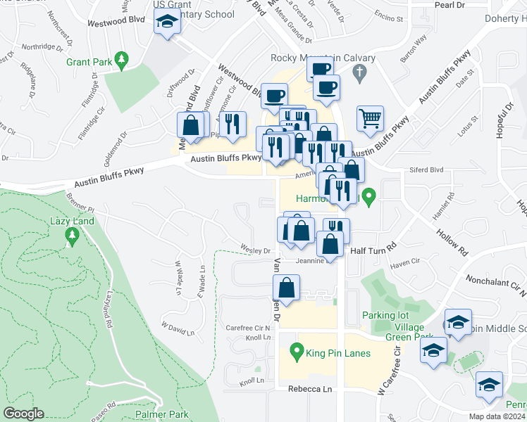 map of restaurants, bars, coffee shops, grocery stores, and more near 3880 Van Teylingen Drive in Colorado Springs