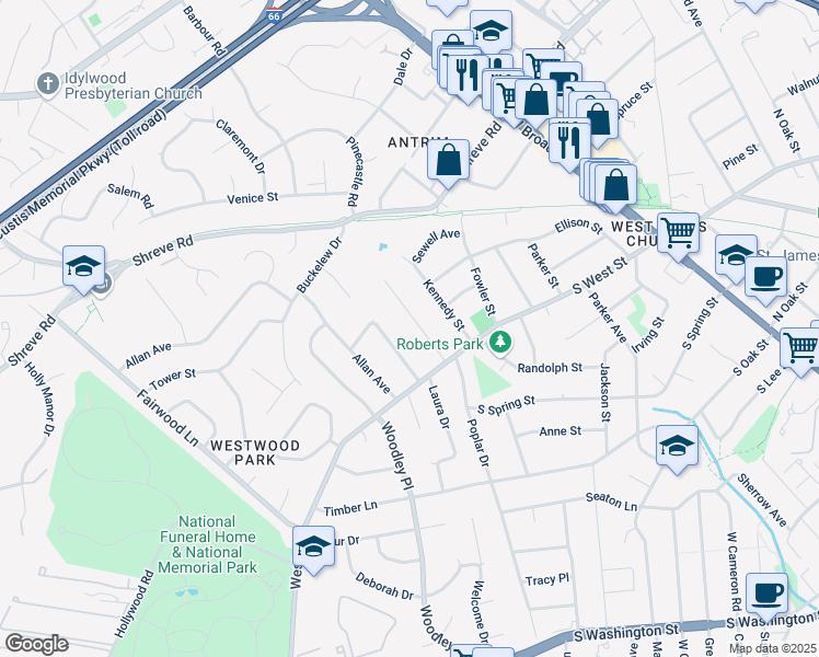 map of restaurants, bars, coffee shops, grocery stores, and more near 1015 Poplar Drive in Falls Church