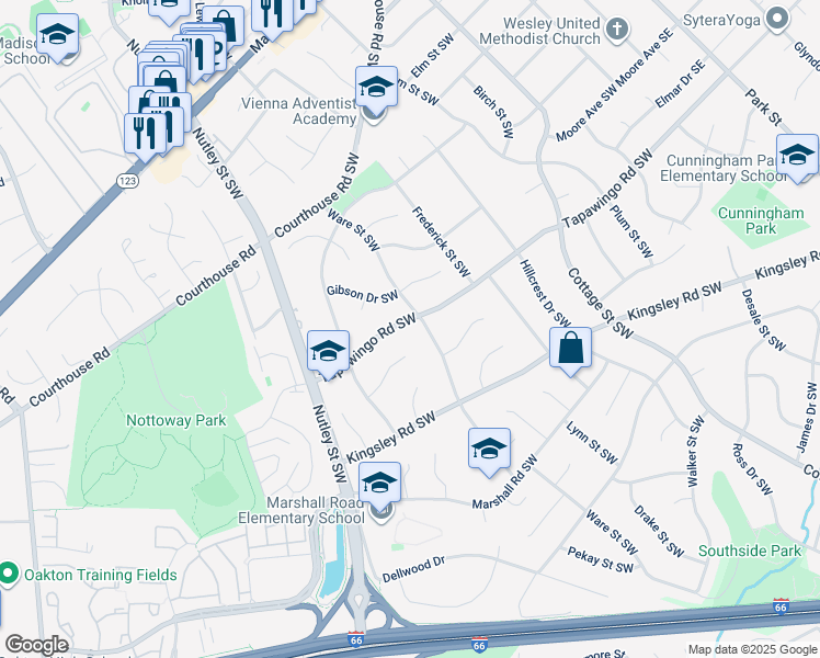 map of restaurants, bars, coffee shops, grocery stores, and more near 602 Tapawingo Road Southwest in Vienna
