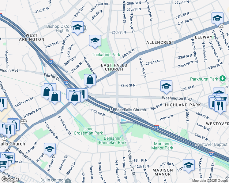 map of restaurants, bars, coffee shops, grocery stores, and more near 6555 Washington Boulevard in Arlington