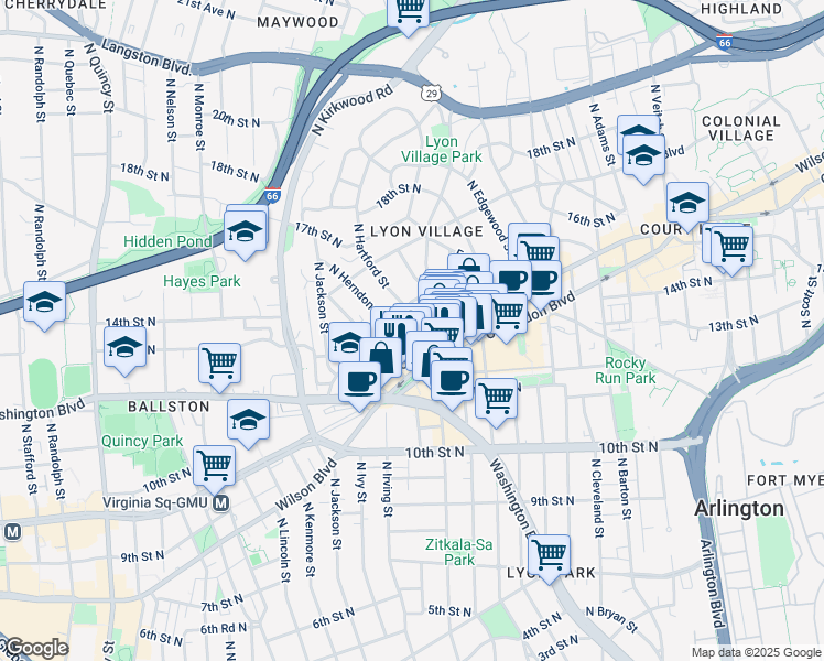map of restaurants, bars, coffee shops, grocery stores, and more near 1200 North Hartford Street in Arlington