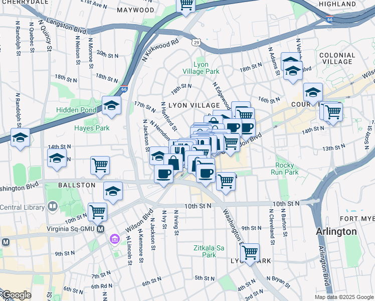 map of restaurants, bars, coffee shops, grocery stores, and more near 1200 North Hartford Street in Arlington