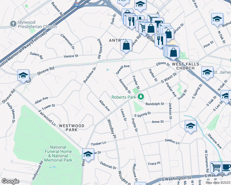 map of restaurants, bars, coffee shops, grocery stores, and more near 1015 Poplar Drive in Falls Church