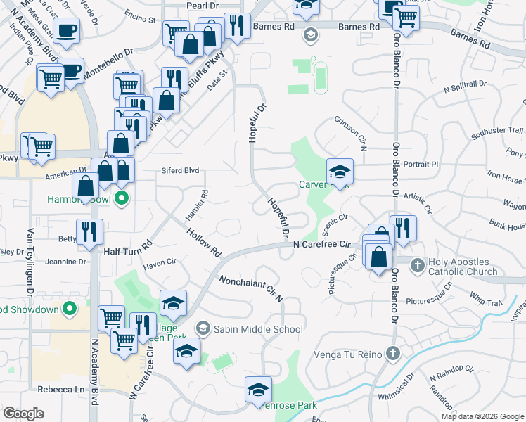 map of restaurants, bars, coffee shops, grocery stores, and more near 4327 North Delighted Circle in Colorado Springs