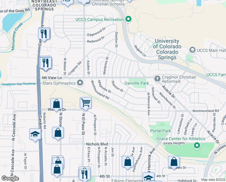 map of restaurants, bars, coffee shops, grocery stores, and more near 1045 Magnolia Street in Colorado Springs