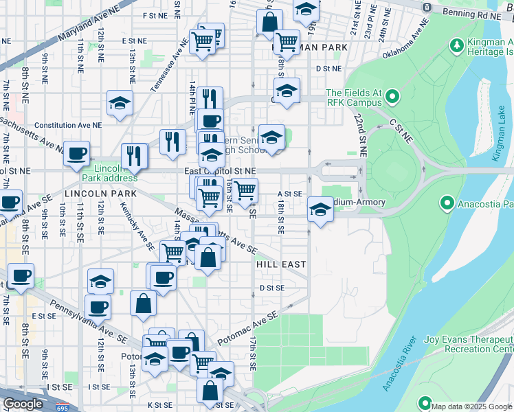 map of restaurants, bars, coffee shops, grocery stores, and more near 101 Independence Avenue Southeast in Washington