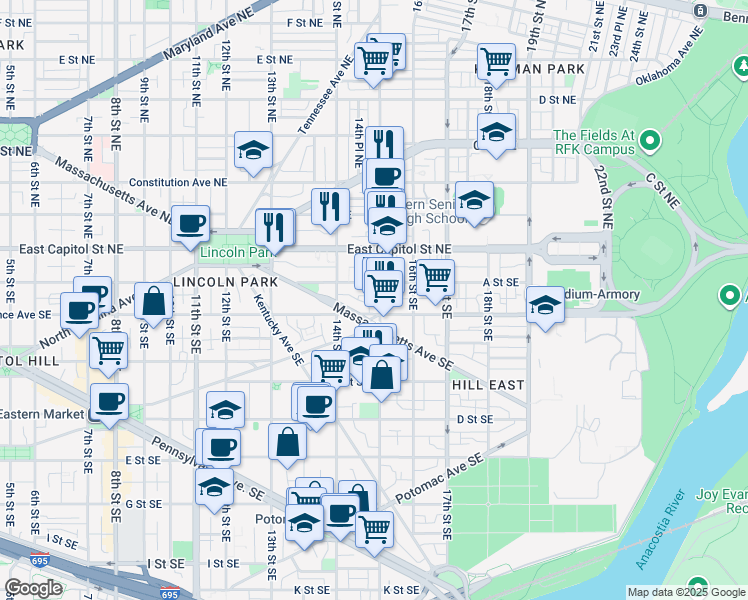 map of restaurants, bars, coffee shops, grocery stores, and more near 121 15th Street Southeast in Washington