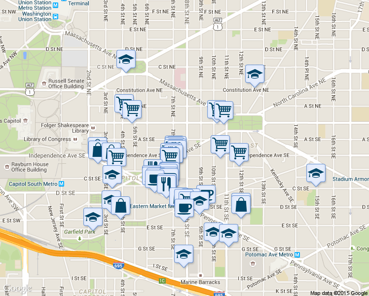 map of restaurants, bars, coffee shops, grocery stores, and more near 101 Independence Avenue Southeast in Washington
