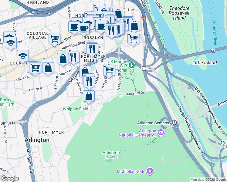 map of restaurants, bars, coffee shops, grocery stores, and more near 101 Independence Avenue Southeast in Washington