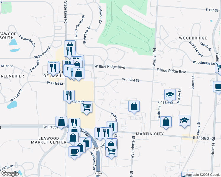 map of restaurants, bars, coffee shops, grocery stores, and more near 13209 Summit Street in Kansas City