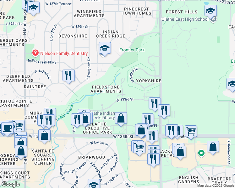 map of restaurants, bars, coffee shops, grocery stores, and more near in Olathe