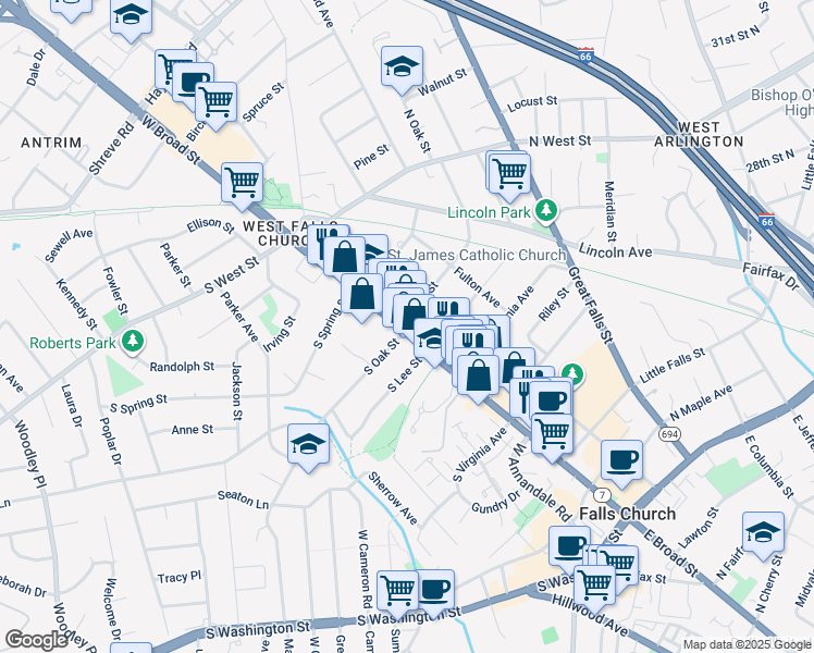 map of restaurants, bars, coffee shops, grocery stores, and more near 712 West Broad Street in Falls Church