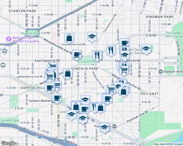 map of restaurants, bars, coffee shops, grocery stores, and more near 101 Independence Avenue Southeast in Washington