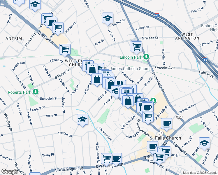 map of restaurants, bars, coffee shops, grocery stores, and more near 712 West Broad Street in Falls Church