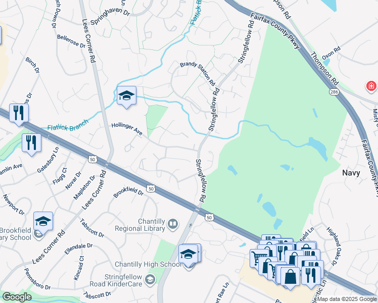 map of restaurants, bars, coffee shops, grocery stores, and more near 13305 Hollinger Avenue in Fairfax
