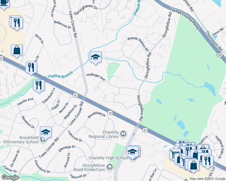 map of restaurants, bars, coffee shops, grocery stores, and more near 13329 Jasper Court in Fairfax