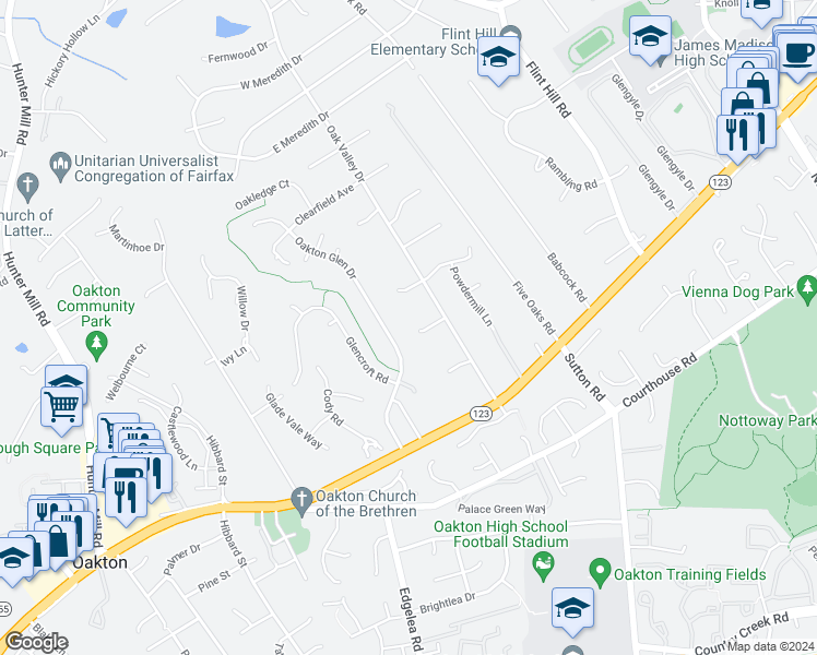 map of restaurants, bars, coffee shops, grocery stores, and more near 9908 Chappell Lane in Vienna
