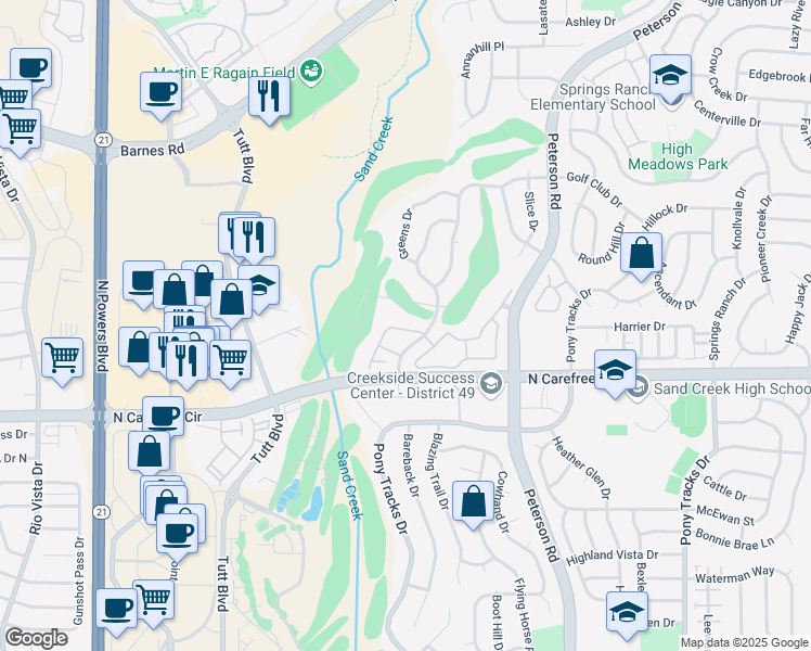 map of restaurants, bars, coffee shops, grocery stores, and more near 6448 Range Overlook Heights in Colorado Springs