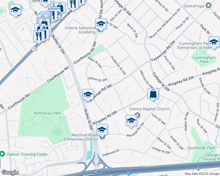 map of restaurants, bars, coffee shops, grocery stores, and more near 602 Tapawingo Road Southwest in Vienna