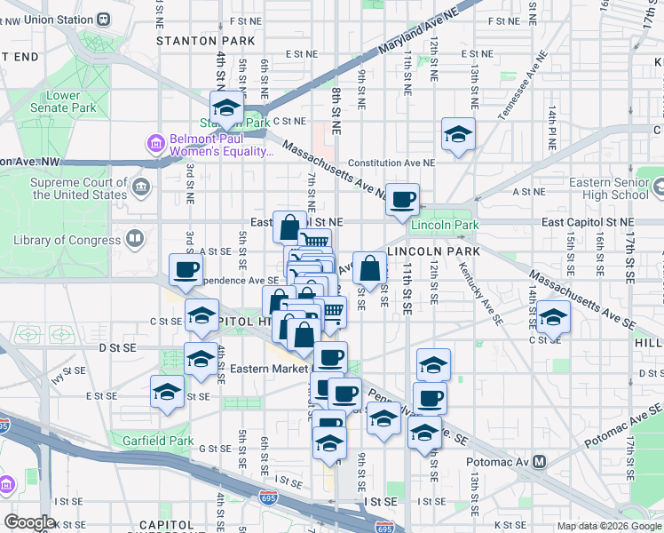 map of restaurants, bars, coffee shops, grocery stores, and more near 101 Independence Avenue Southeast in Washington