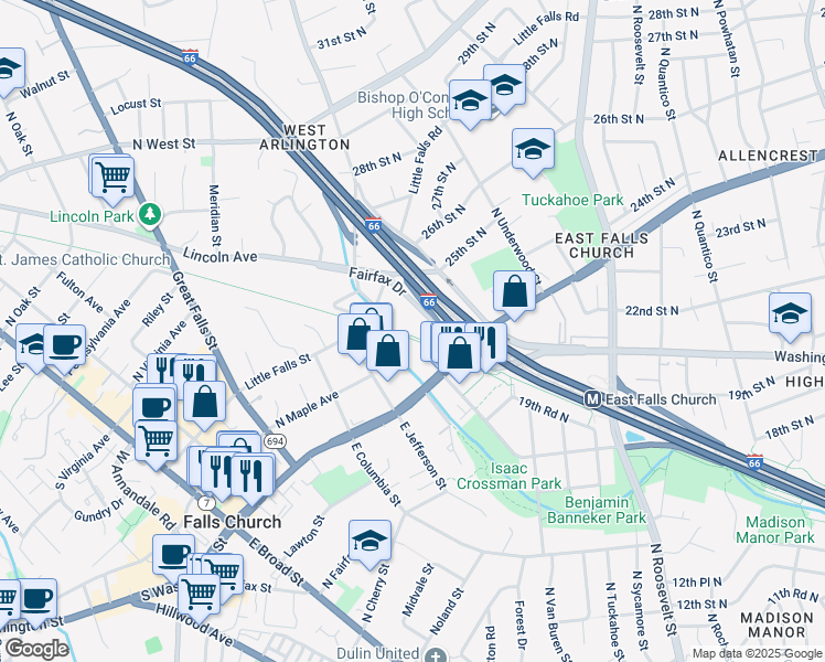 map of restaurants, bars, coffee shops, grocery stores, and more near 6924 Fairfax Drive in Arlington