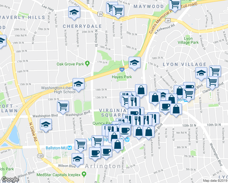 map of restaurants, bars, coffee shops, grocery stores, and more near 3614 14th Street North in Arlington