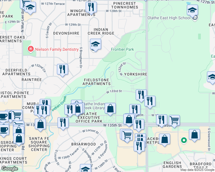 map of restaurants, bars, coffee shops, grocery stores, and more near in Olathe